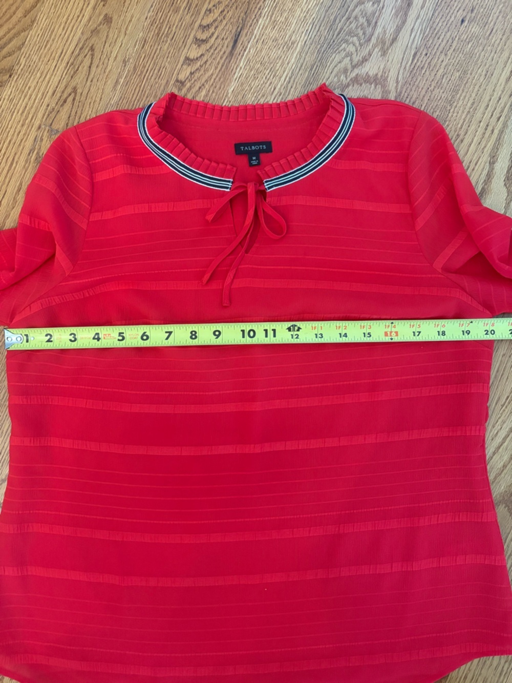 Talbots Red Textured Stripe Tie Neck Blouse Medium Nautical Trim Lined Top - Picture 10 of 10